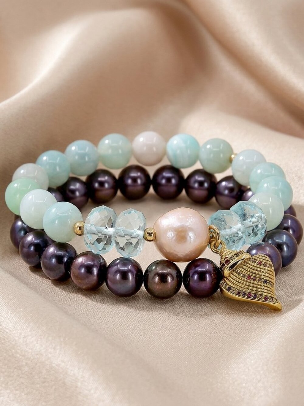Charm Bracelet Set of 2, Black Peacock Pearls & Agate Edison Pearl w/Shell Charm